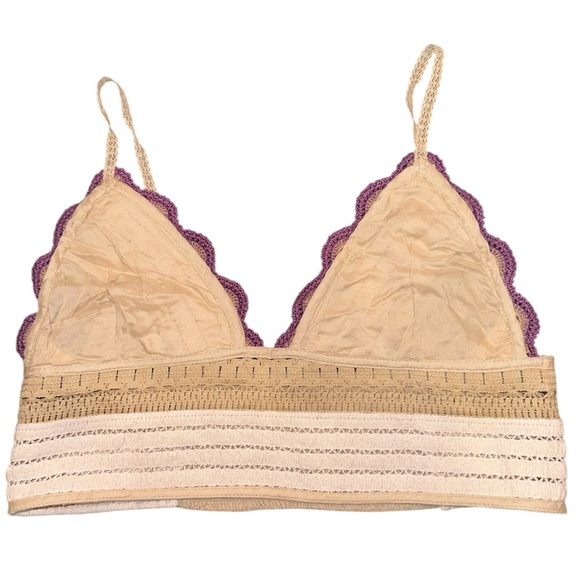 Free People Another Weekend Longline Lace Crochet Cream Tan Purple Bralette L - Picture 4 of 9